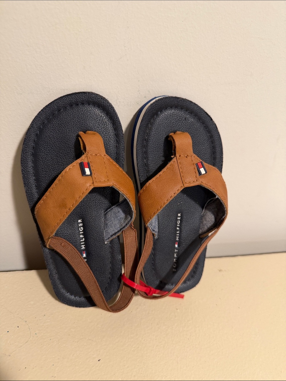 Tommy Hilfiger Navy Footbed Brown Strappy Kids Sandals with Flag Accent